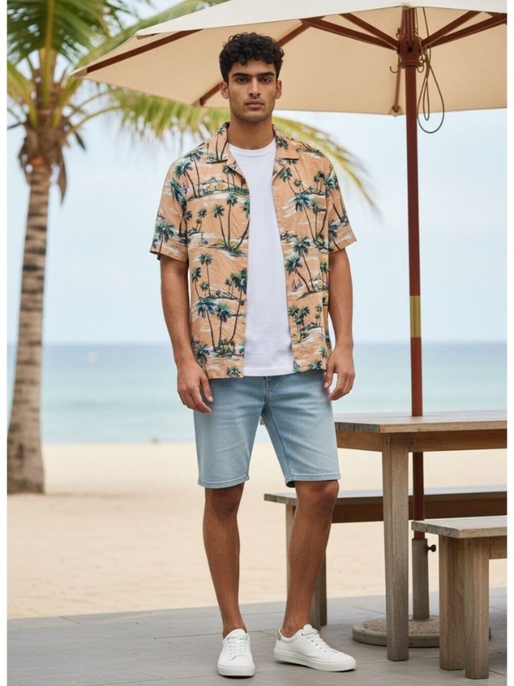 Saddlebred Mens Palm Tree Hawaiian Button-Up Shirt Large Classic Fit Rayon Beige